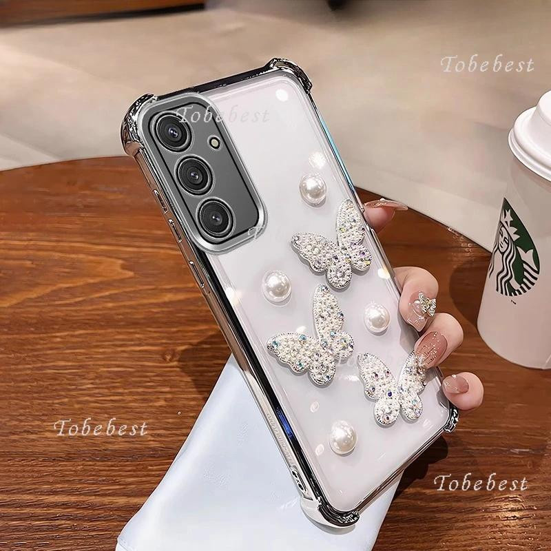 Tobebest 3D Perlen Schmetterling Handyhülle für Samsung Galaxy A-Serie A16 A26 A36 A56 A06 A15 A25 A35 A55 A14 A24 A34 A54 A05S 5G Stoßfestes Case in Silber und Transparent - Bild 2