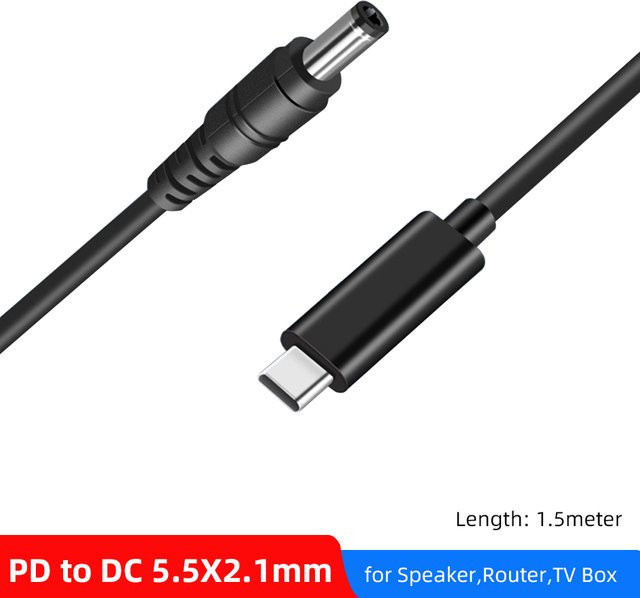 Geris Power USB Typ C auf DC 5,5x2,1mm PD Adapterkabel 65W in Schwarz für LED Streifen, TV Box und Router - Bild 1