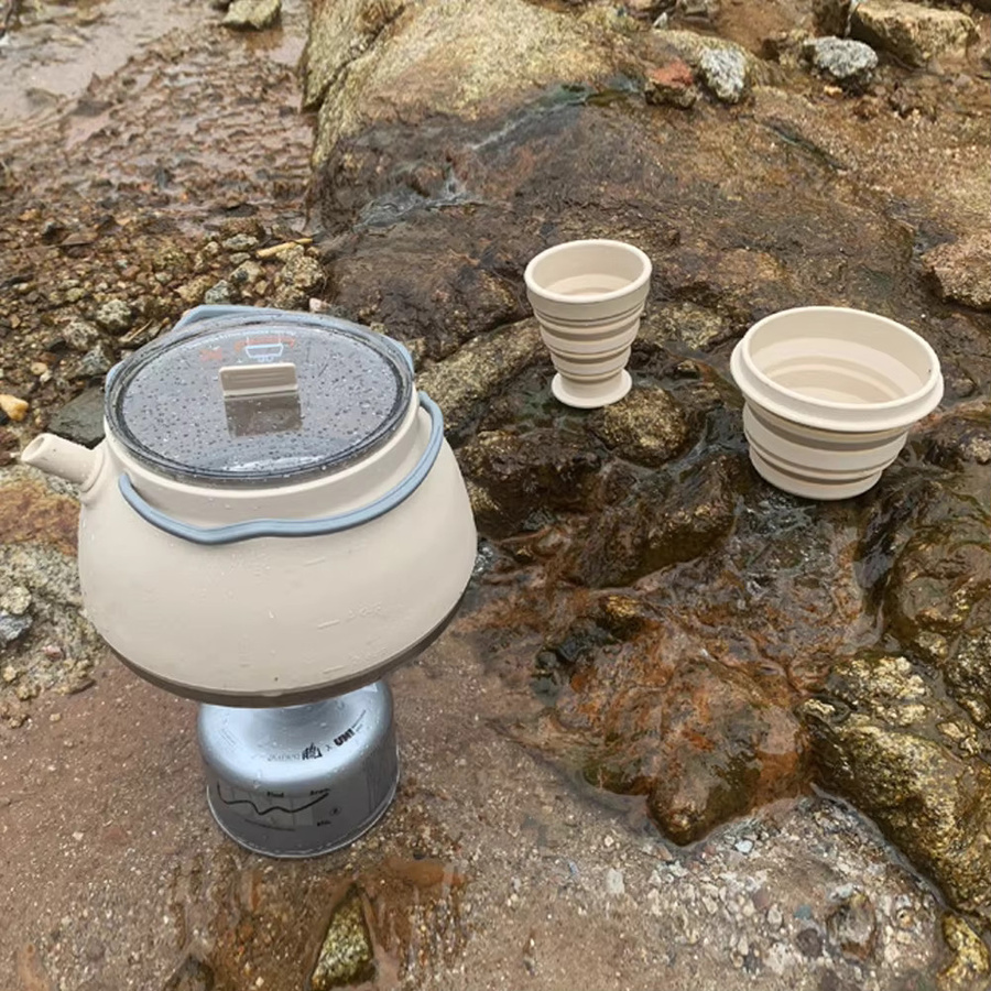 VKTECH Camping-Kochset aus Silikon und Edelstahl in Grün mit 1,5 l Wasserkocher und 1 l Kochtopf sowie zusammenklappbarem Becher - Bild 2