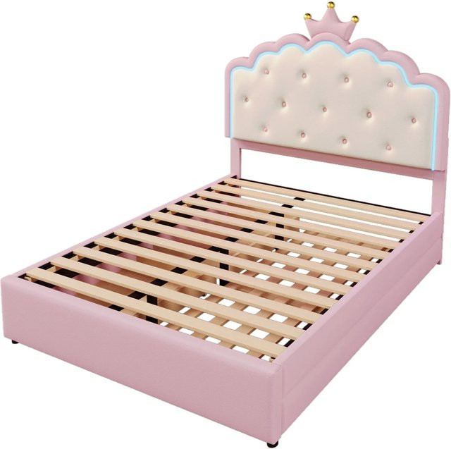 okwish Polsterbett für das Kinderzimmer mit LED-Unterbettbeleuchtung, Ausziehbett und Schubladen, Farbe: Rosa, B/T/H: 140 x 200 x 143 cm - Bild 1