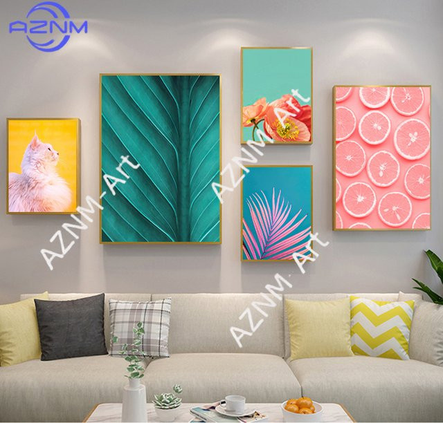 KAYOU Leinwandgemälde mit tropischen Palmenblättern und orangefarbener Katze in modernem Design - Bild 1