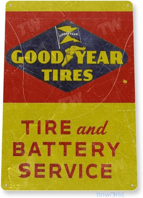 Tinworld Blechschild Goodyear Tires Battery Service Retro Design Mehrfarbig B: 20,0 cm, H: 20,0 cm, T: 1,0 cm - Bild 1