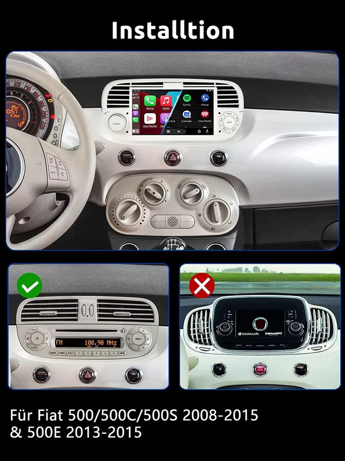 XFY Android 14 Autoradio für Fiat 500 (2007-2015) mit 7 Zoll Display, kabellosem Carplay, Bluetooth, GPS und Navigation in Schwarz - Bild 6