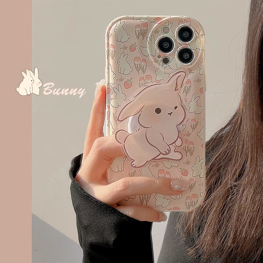 MUQGEW Handyhülle mit koreanischem floralem Cartoon-Häschen Design für iPhone, stoßfest, Farbe: Pink - Bild 2