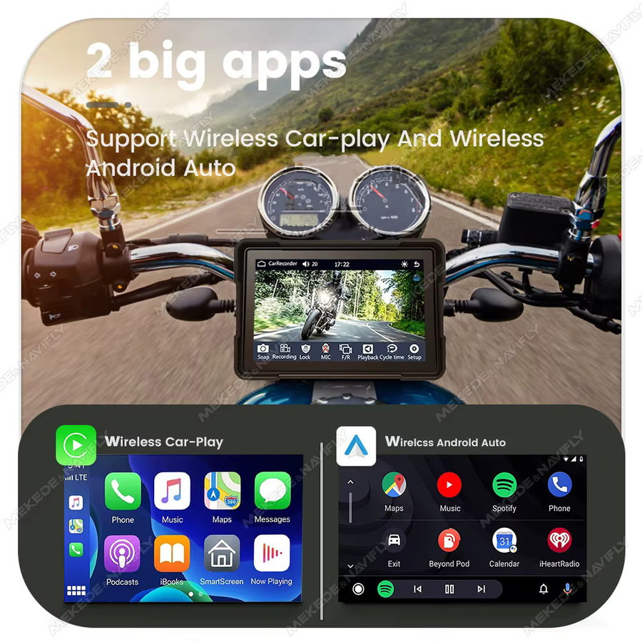 TomoStrong Tragbares Motorrad GPS Navigationssystem mit CarPlay und Android Auto, IPX7 Wasserdicht, DVR Stick Recorder und TPMS, Schwarz - Bild 3