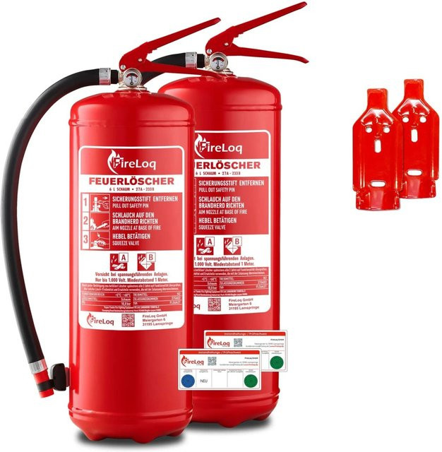 FireLoq Schaumlöscher Set 2x 6L in Rot mit Wandhalterung und Manometer - Bild 1