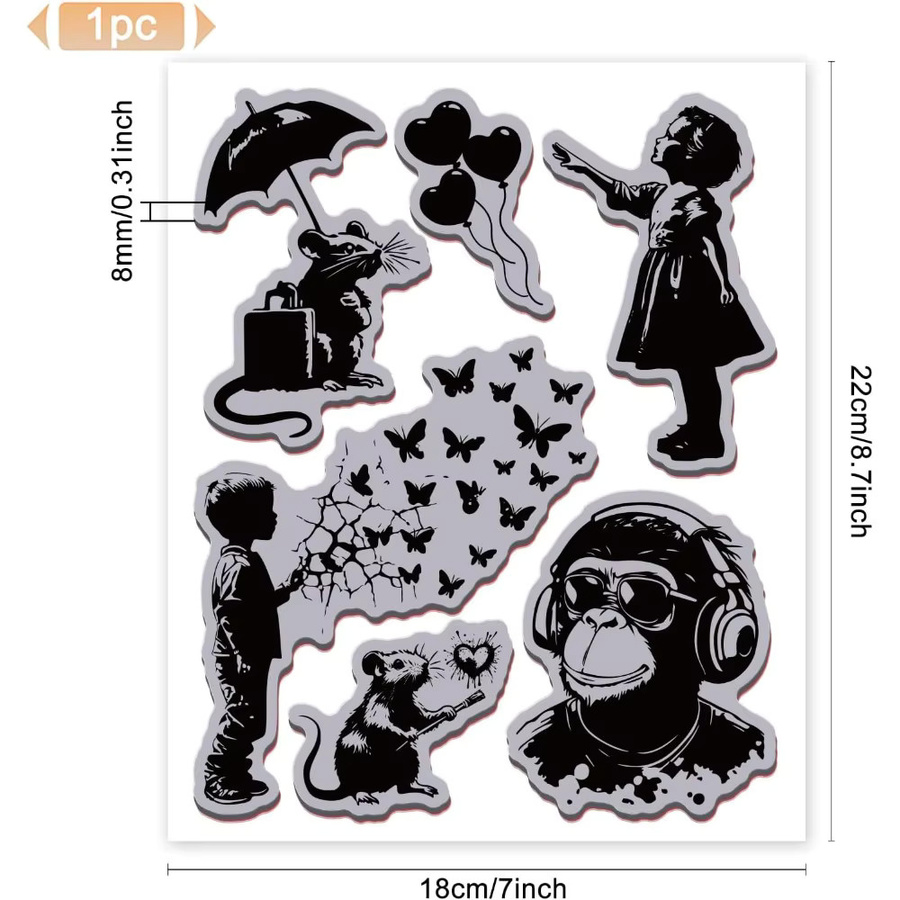 Graffiti Balloon Monkey Cling Gummistempel Set für die Kartenherstellung, Farbe: Schwarz, Maße: Breite: 22,1 cm, Höhe: 17,8 cm - Bild 3