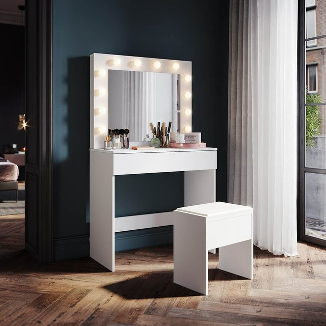 SONNI Schminktisch mit Hocker und Spiegel in Weiß, moderner Kosmetiktisch mit Schubladen aus Holz und MDF für dein Schlafzimmer, B/T/H: 140 x 40 x 80 cm - Bild 1