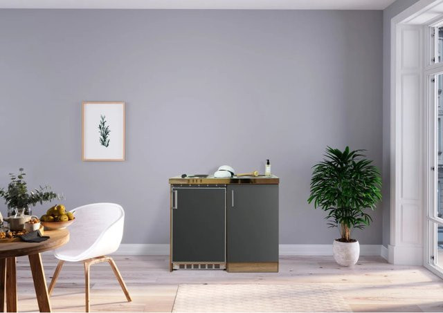 Respekta Miniküche MK100ESG in Grau-Eiche Sägerau Nachbildung, Breite: 100 cm, Tiefe: 60 cm, Höhe: 87 cm - Bild 1