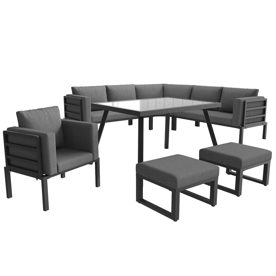 okwish Gartensofa-Set Halbmond-förmig für 8 Personen in Grau mit Eisengestell, Couchtisch, Sesseln und Hockern inklusive Sitz- und Rückenkissen - Bild 2