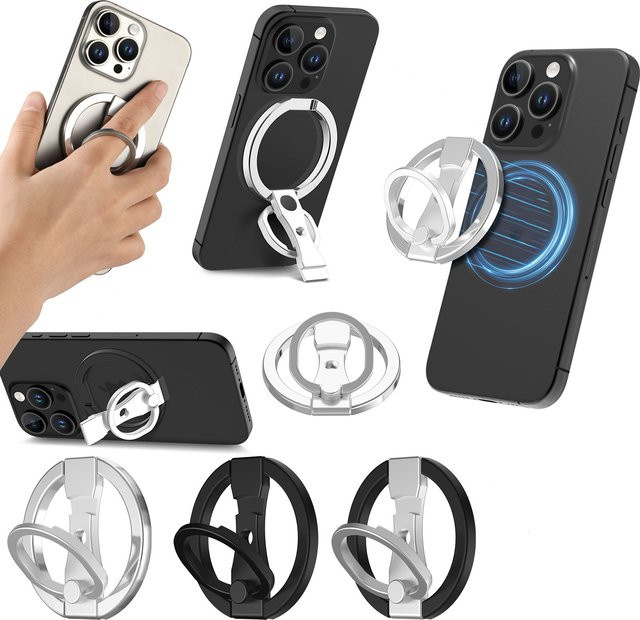 Magnetischer Metall-Telefonständer mit 360 Grad Drehung und Fingerringhalter für MagSafe, Desktop-Halterung in Schwarz und Silber - Bild 1
