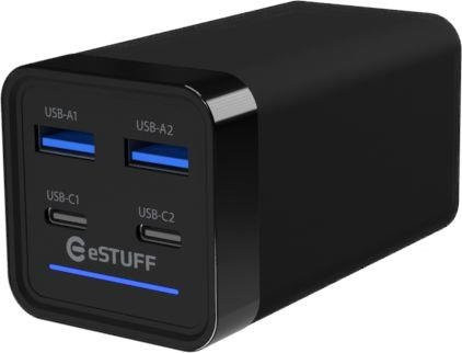 eSTUFF GaN Netzteil mit 65 Watt, 4 Anschlüsse (2 x USB-C und 2 x USB-A), PD 3.0, QC 4.0+, Schwarz - Bild 1