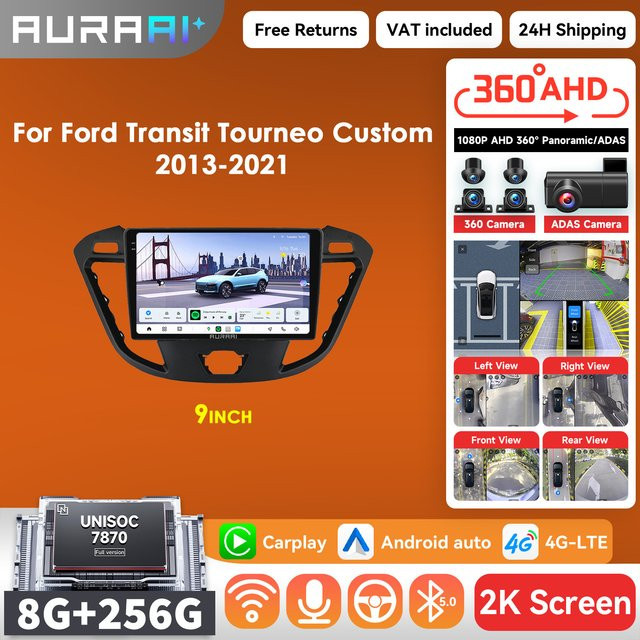 AURAAI Android Auto Intelligent-Bildschirm für Ford Transit Tourneo Custom 2013-2021 mit 8GB RAM, 256GB Speicher, Carplay, ADAS, 360 Kamera, GPS und Bluetooth in Schwarz - Bild 1