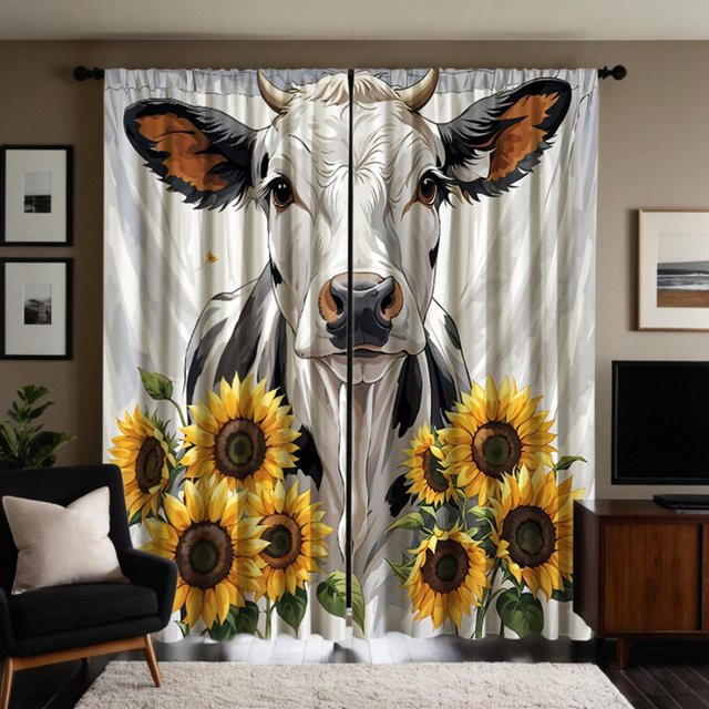 2er-Set dekorative Vorhänge mit Sonnenblumen- und Kuh-Motiv in Weiß, B: 132 cm, H: 160 cm - Bild 1