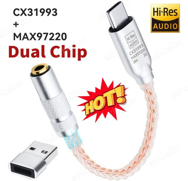 SZKOSTON USB Typ C auf 3,5 mm Audio Adapter mit CX31993 und MAX97220 Dual Chip, HiFi DAC Kopfhörerverstärker und Audio Decoder, Silber - Bild 1