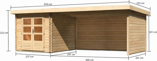 Karibu Gartenhaus BASTRUP 4 aus Massivholz aus nordischer Fichte mit Pultdach und Anbaudach, Farbe: Braun, B/T/H: 237 x 297 x 222 cm - Bild 1