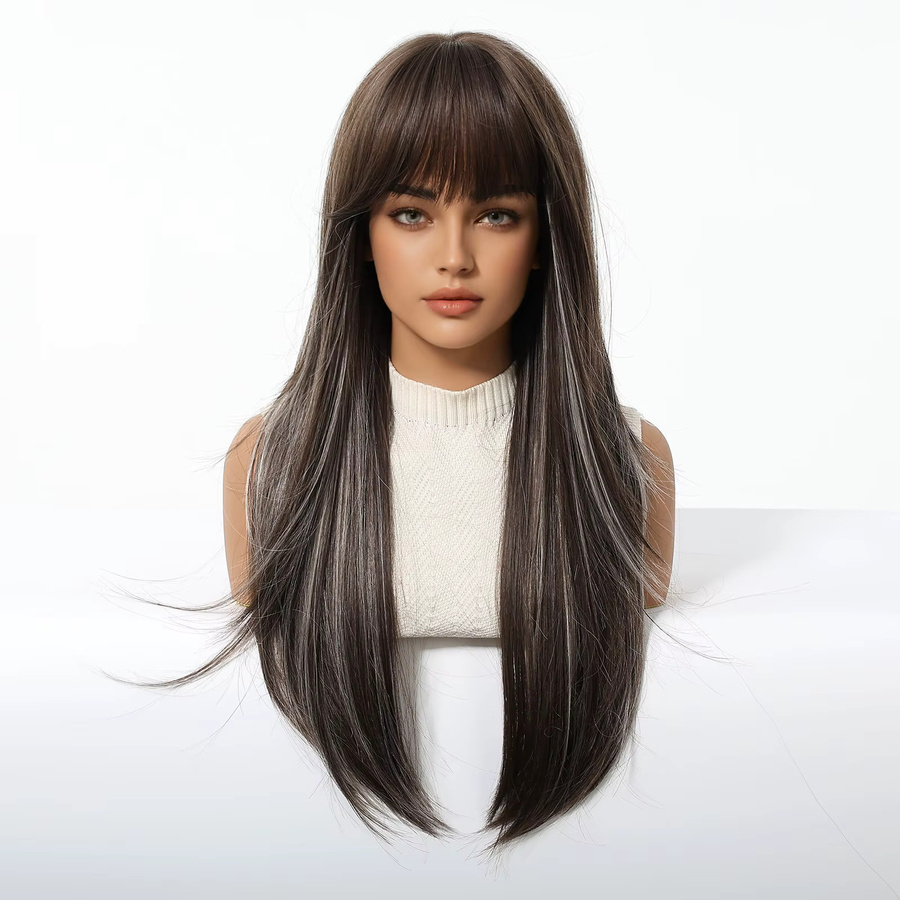 EASIHAIR Perücke, braun mit Platin-Highlights, lang gerade mit Pony, Damen - Bild 2