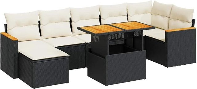 vidaXL 8-tlg. Garten-Sofagarnitur in L-Form aus Poly-Rattan und Akazienholz mit Kissen in Schwarz-Creme - Bild 1