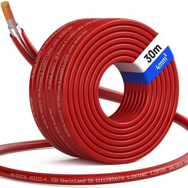 hb-digital Solarkabel 4 mm² H1Z2Z2-K TÜV zertifiziertes Photovoltaik Kabel für PV Anlagen, Farbe: Rot, Länge: 30 m - Bild 1