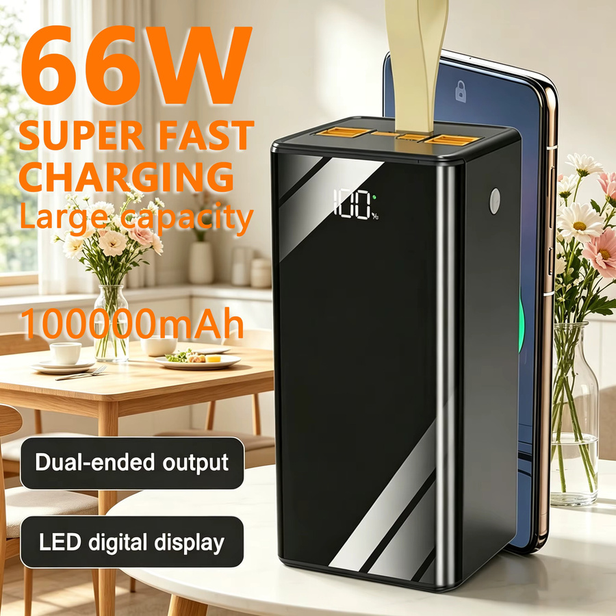 InTessry 66W Schnellladegerät Powerbank mit 100000mAh, Schwarz, 4 USB-Ausgänge und 3 Eingänge (Typ-C, Micro, Lightning), inklusive LED-Display und Taschenlampe - Bild 6