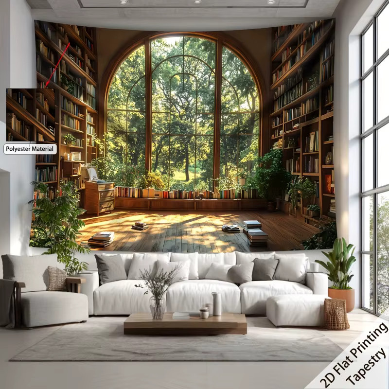 VIKAMA Retro-Wandteppich mit Fensterblick auf eine Bibliothek aus der Waldkollektion, Mehrfarbig, Textil - Bild 3