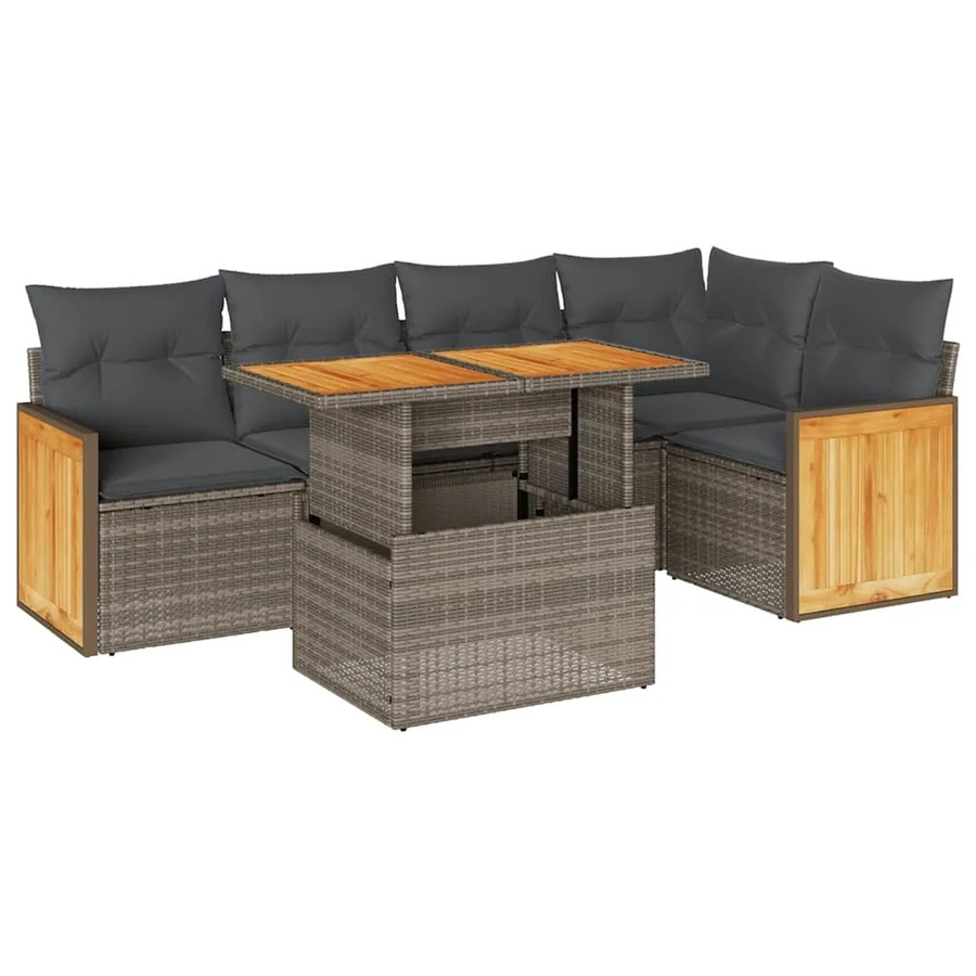 vidaXL 6-teilige Garten-Sofagarnitur aus Poly-Rattan und Akazienholz in Grau mit Kissen - Bild 2