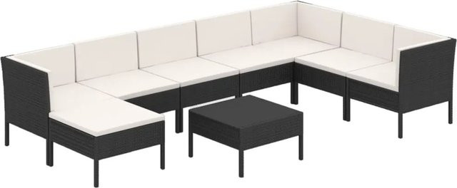 vidaXL 9-tlg Garten-Lounge-Set in U-Form aus Poly Rattan und pulverbeschichtetem Stahl mit Auflagen, Schwarz - Bild 1