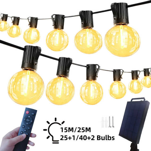 Bhony Solar-Lichterkette für den Außenbereich mit warmweißen LED-Glühbirnen, wasserdicht, dimmbar und mit Fernbedienung sowie Timer, transparente Glühbirnen - Bild 1
