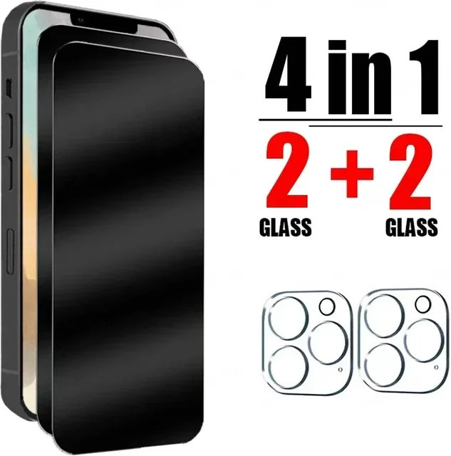 SFHOMIE 4in1 Privatsphäre Display Schutzfolie und Kamera Objektiv Glas Schutz für iPhone 16 15 14 13 12 11 Pro Max Plus - Bild 1