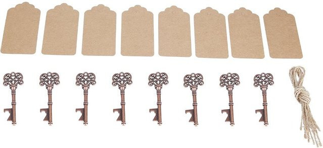 Neoglint 12er Set Vintage Schlüsselform Flaschenöffner aus Metall als Schlüsselanhänger mit Herz-Anhänger in Beige und Gold - Bild 1