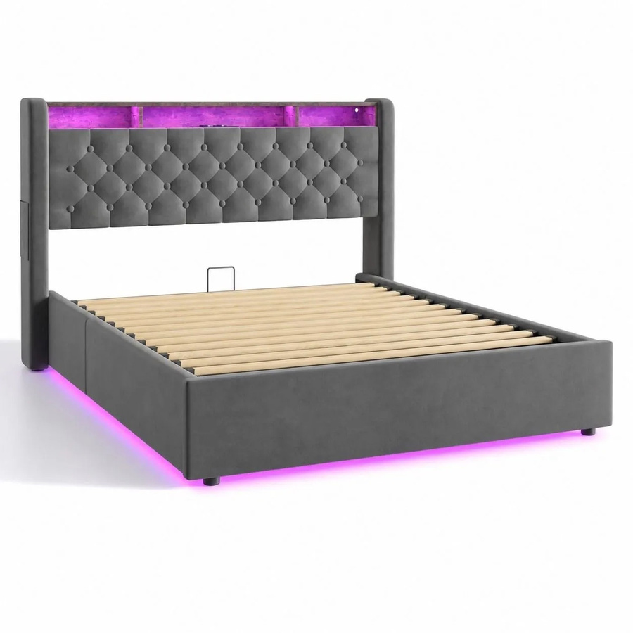 okwish Polsterbett mit LED-Beleuchtung und Bettablage in Dunkelgrau, B/T/H: 140 x 200 cm - Bild 2