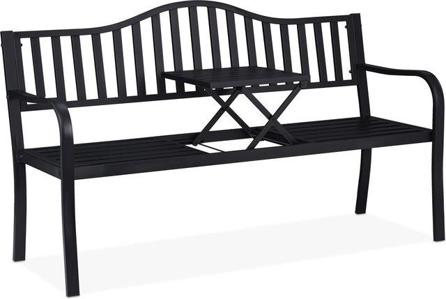 Relaxdays Gartenbank aus Stahl mit Klapptisch in Schwarz, B/T/H: 150 x 58,5 x 89 cm - Bild 1