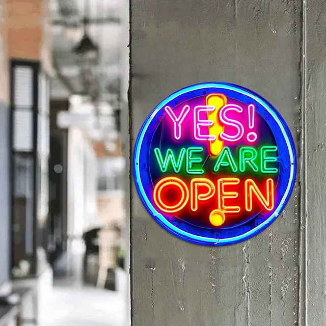 Potdemiel Neonschild Yes We Are Open Rund im Vintage-Design Multicolor Wanddekoration - Bild 1
