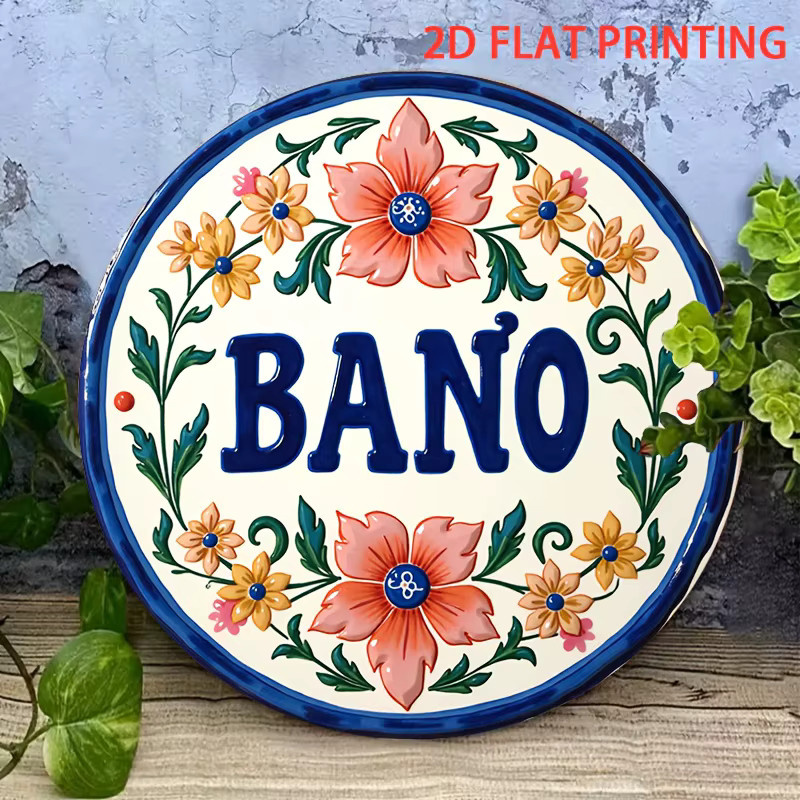 Rundes mexikanisches Talavera-Blechschild von Potdemiel mit blau-orangefarbenem Blumenmuster und Bano-Schriftzug, Durchmesser: 20,3 cm - Bild 6