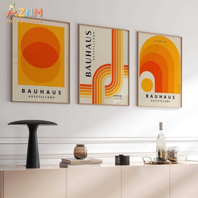 AZNM Bauhaus Geometrischer Leinwanddruck in Orange – Abstrakte Mid-Century Modern Wandkunst als minimalistisches Ausstellungsplakat - Bild 1