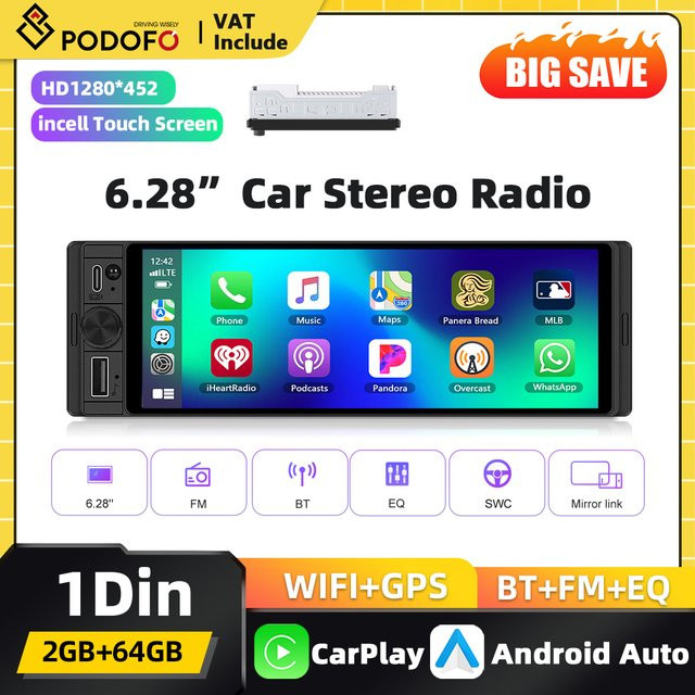 Podofo Multimedia-Autoradio mit 2GB RAM und 64GB Speicher, 1DIN Carplay und Android Auto, GPS, WLAN, Mirror Link und EQ Sound Player in Schwarz - Bild 1