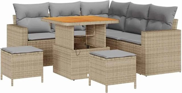 vidaXL Gartensofa-Set aus Poly-Rattan in L-Form mit 9 Kissen, Couchtisch und Ottoman, Farben Beige und Hellgrau - Bild 1