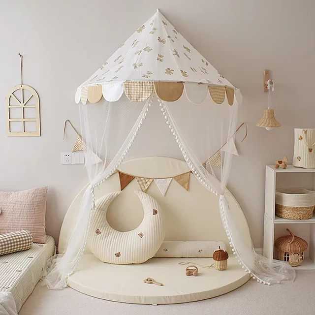 Kinder Spielzelt mit Bär und Rosen Druck im Nordic Stil, Tragbarer Baldachin für Babybett und Kinderzimmer, Pink/Grün/Weiß - Bild 1