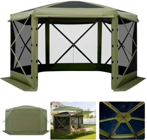 VEVOR Pop-up Gazebo Partyzelt mit Insektenschutz, 6-seitiges Campingzelt mit abnehmbarem Dach und Tragetasche, Grün, B/T: 360 x 360 cm - Bild 2