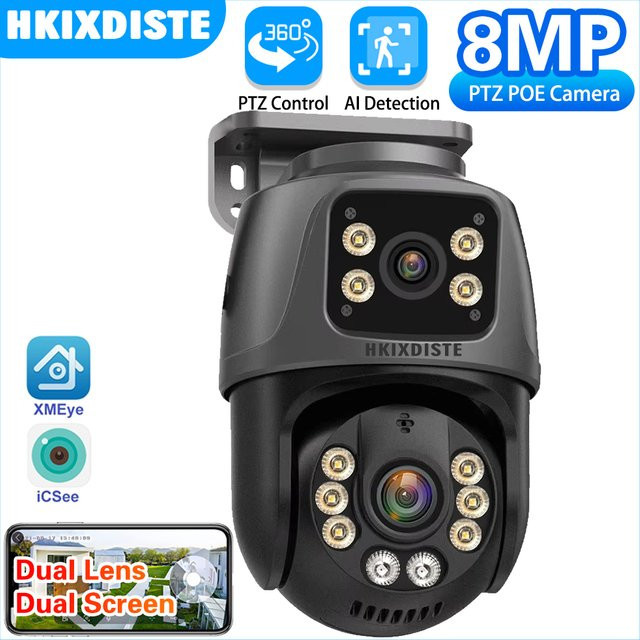Xmeye ICSee 8MP 4K PTZ Dual Objektiv IP Kamera mit PoE, Zwei-Wege Audio und Farb-Nachtmodus für Outdoor CCTV Überwachung, Schwarz - Bild 1
