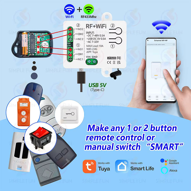 Tuya WiFi RF433MHz Motor Fernbedienung Schalter mit 2 Kanälen für Garagentoröffner und Motoren, kompatibel mit Alexa und Google Home, DC 12V/24V - Bild 2