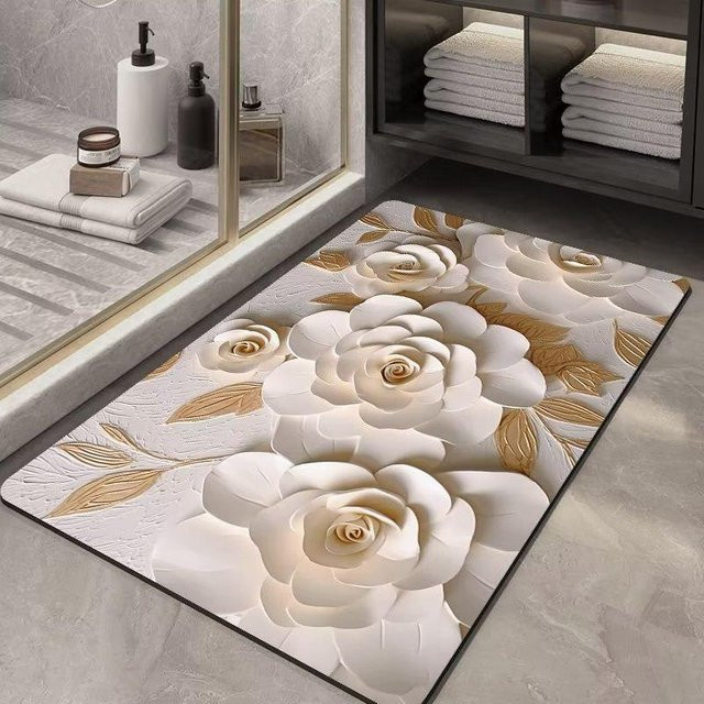 Saugfähige Kieselgurmatte mit Blumenmuster von Yiran Furniture, rutschfeste Fußmatte in Weiß, B/B: 40 x 60 cm - Bild 1