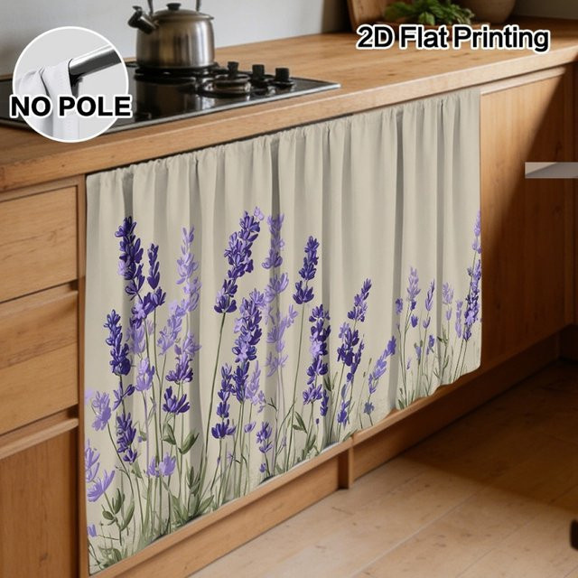 VIKAMA Vorhang mit lila Lavendel-Blumenmuster im ethnischen Stil, halbtransparentes Stoffpanel für Küchenschränke - Bild 1