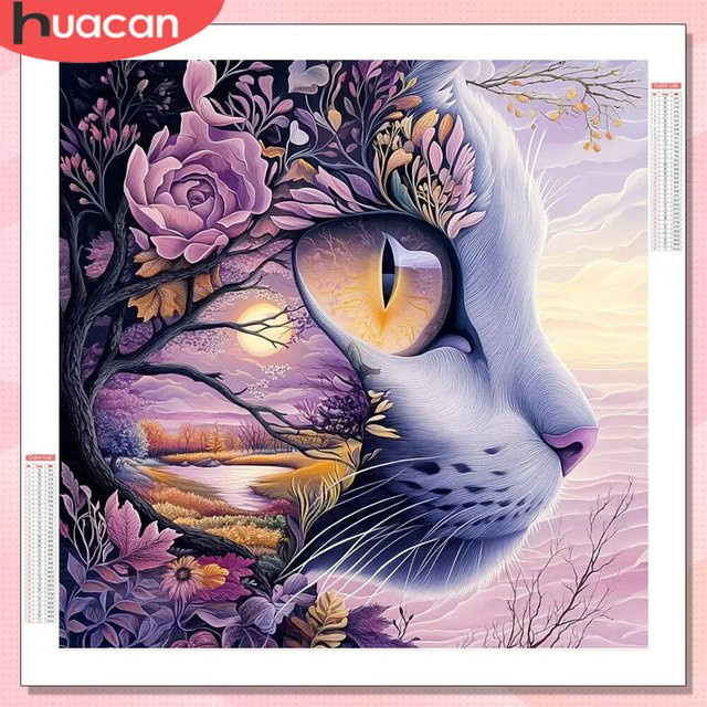 HUACAN 5D DIY Diamantmalerei Motiv Katze und Natur mit runden Steinen in Mehrfarbig - Bild 1