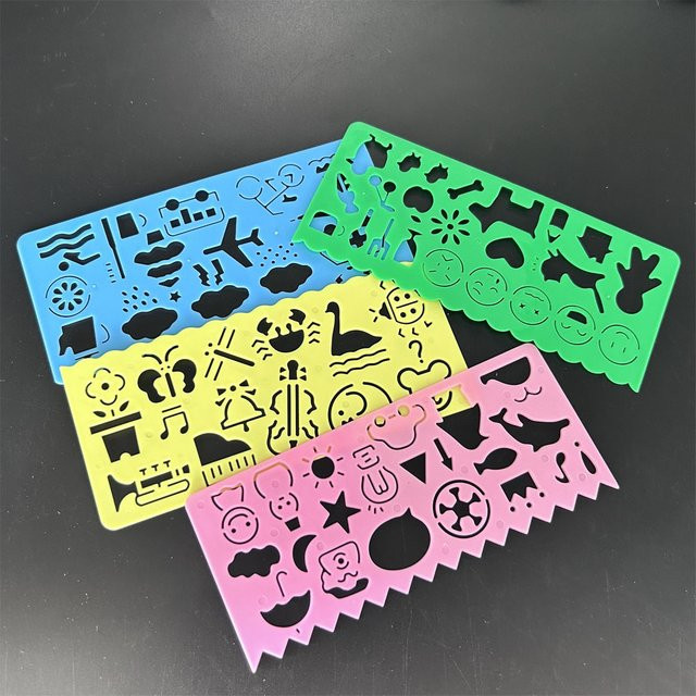 4er-Set Multifunktionale Hohl-Lineale mit Figuren als DIY-Zeichenwerkzeug und Schablonen für Tagebuch und Schule in Mehrfarbig - Bild 1