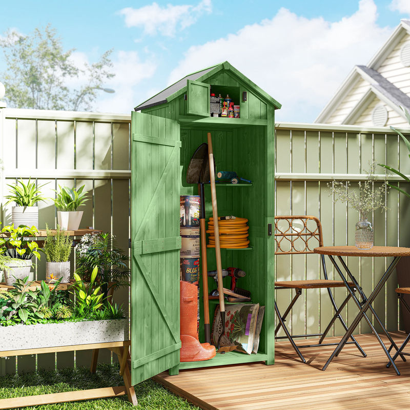 Outsunny Gartenschrank aus Holz in Grün mit 3 abnehmbaren Ablagen, abschließbarer Tür und Asphalt-Satteldach, B/T/H: 77 x 54,2 x 179 cm - Bild 2