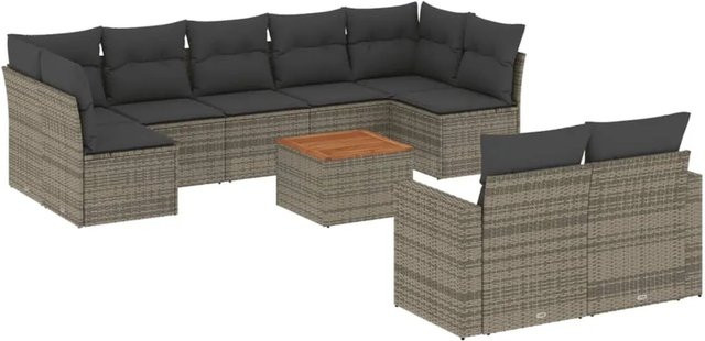 vidaXL 10-tlg. Garten-Sofagarnitur in L-Form aus Polyrattan und Akazienholz mit grauen Kissen - Bild 1