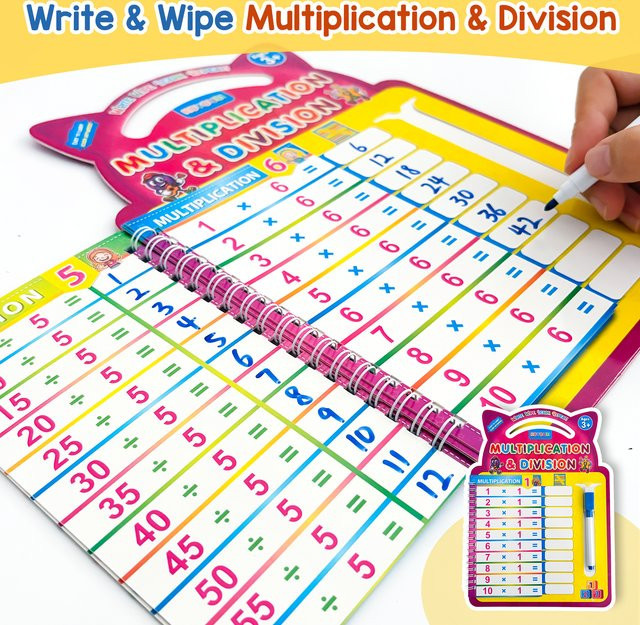 QKX Mathe-Arbeitsheft für Kinder mit Multiplikations- und Divisionsrechnungen, Trocken abwischbares Lernübungsbuch in Multicolor - Bild 1