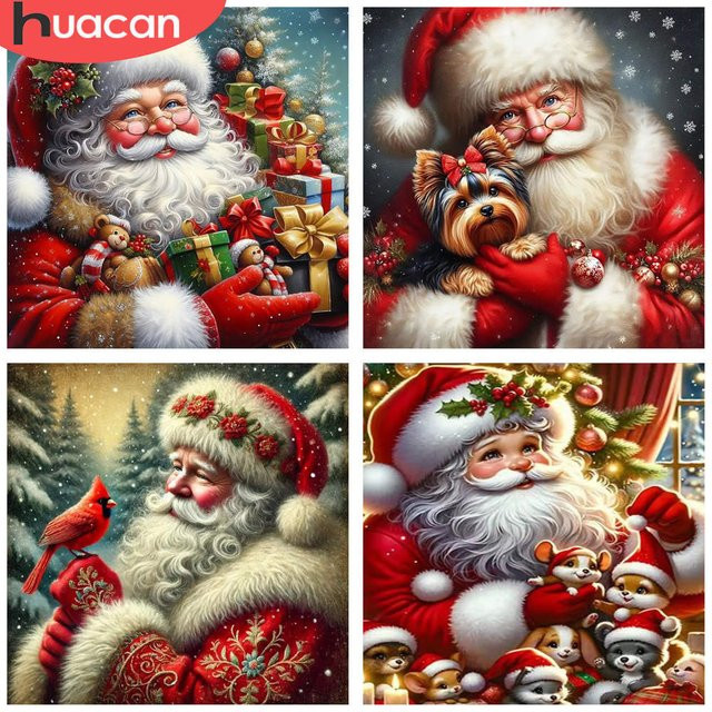 HUACAN 5D DIY Diamantmalerei Weihnachtsmann mit rotem Weihnachtsbaum als 3D Vollbohrer Mosaik Bild in Rot und Multicolor - Bild 1