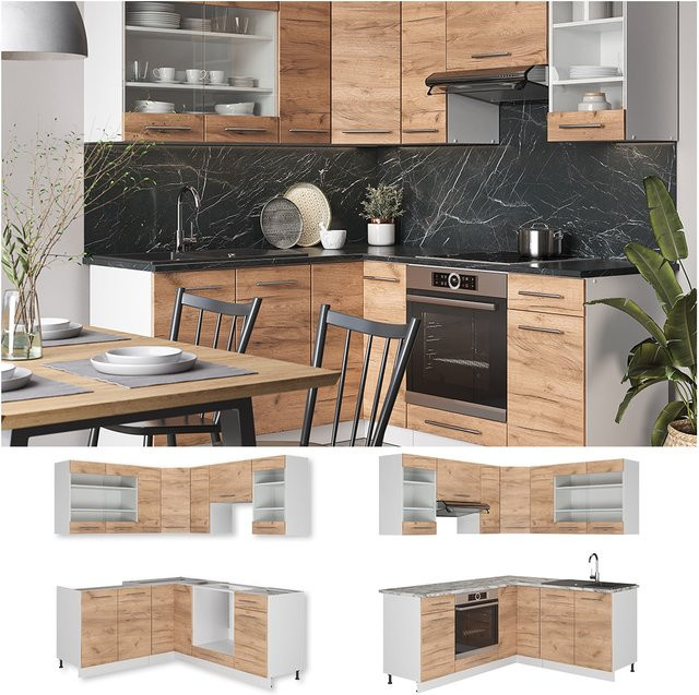 Vicco Eckküche Fame-Line Küchenzeile in Weiß und Eiche, moderne Einbauküche mit Soft-Close-Türen, Breite: 190 cm - Bild 1